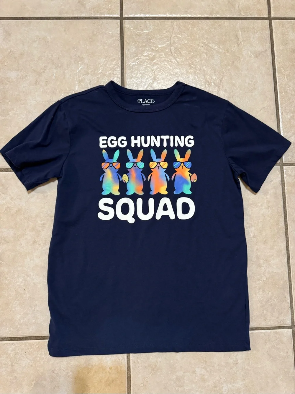 The Children's Place Navy Tee with Rainbow Bunny Egg Hunting Graphic